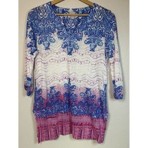 Chicos Linen Tunic Top Blue Pink Boho Artsy 3/4 Sleeve Womens Size 0 Lightweight
